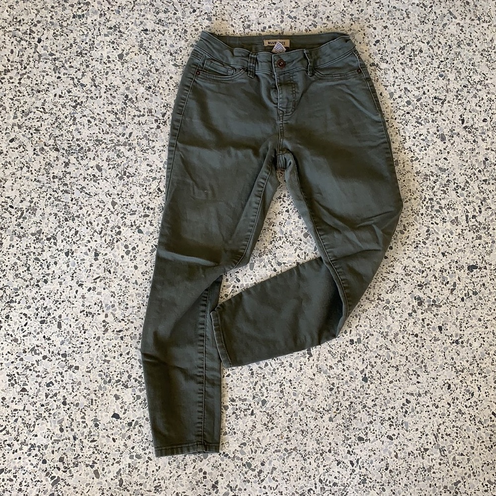 Olive green denim pants in front BlueSpice - size 5